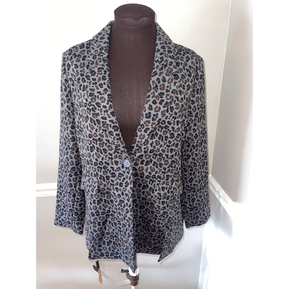 DG2 Diane Gilman Leopard Print Blazer Jacket‎ Womens M NWOT Gray Black Brown
